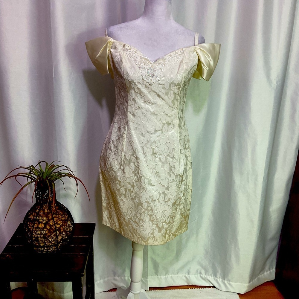 Roberta Bridal Cream Sheath Dress Off-Shoulder Flutter Sleeve ( Vintage 90’s )